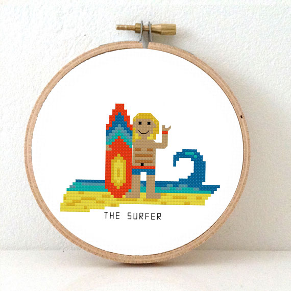 man surfer kruissteek patroon strand thema kruissteek pakket