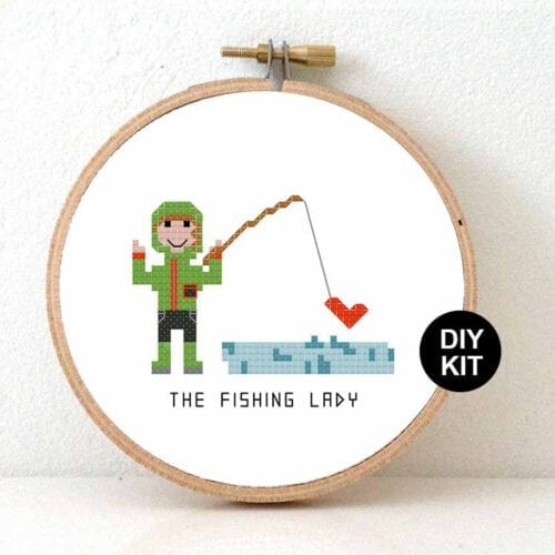 gift for fishing lady cross stitch kit