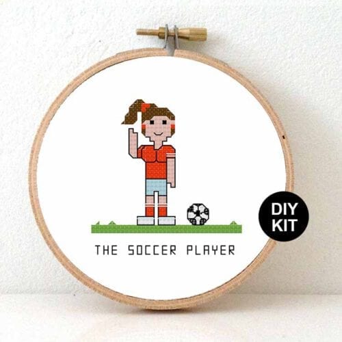 female soccer player cross stitch kit