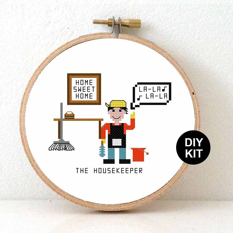 huishouder kruissteek borduurpakket voor huisman of poetsman