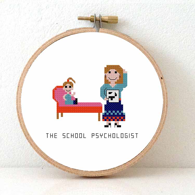 vrouwelijke schoolpsycholoog kruissteek patroon