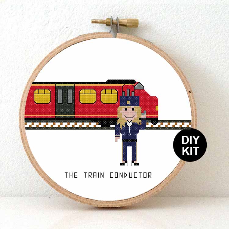 vrouw trein conductrice kruissteek borduurpakket