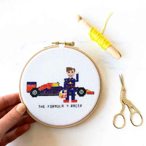 max verstappen male formula 1 racer cross stitch pattern gift idea