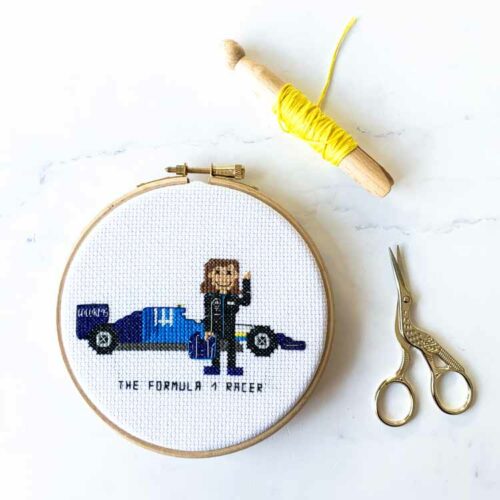 female formula 1 racer cross stitch pattern gift idea