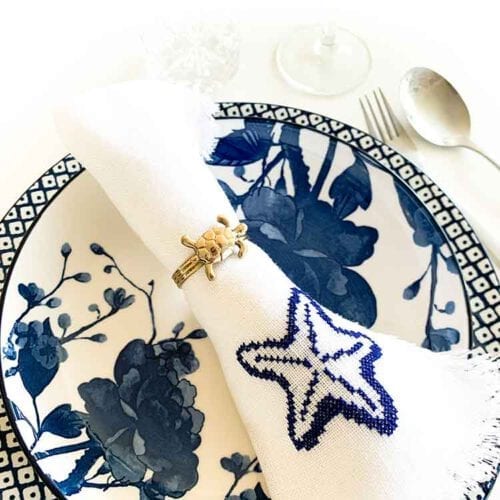 Ecological Linen Napkin Cross Stitch Kit Set of 4 shell motifs