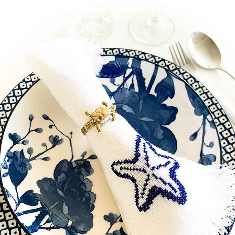 Ecological Linen Napkin Cross Stitch Kit Set of 4 shell motifs