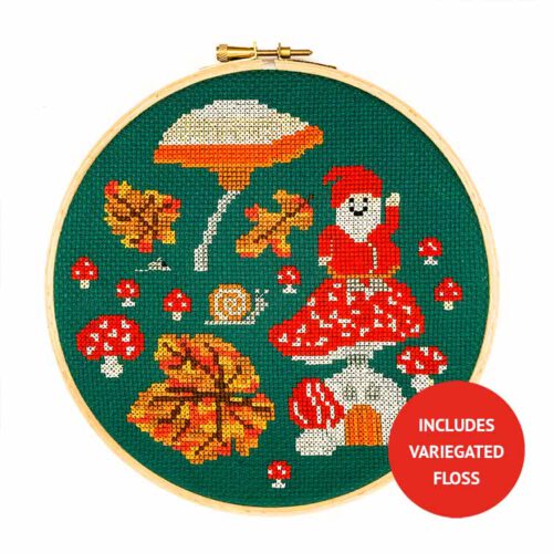 gnome mushroom cross stitch kit with variegated floss