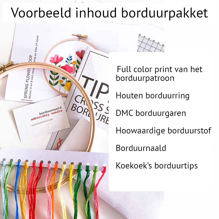 Inhoud borduurpakket met dmc borduurgaren en houten borduurring