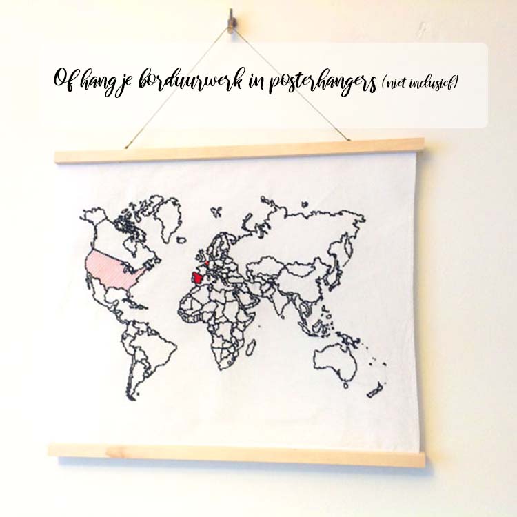 xxl wereldkaart op de muur gezien met evenweave 28 count borduurstof