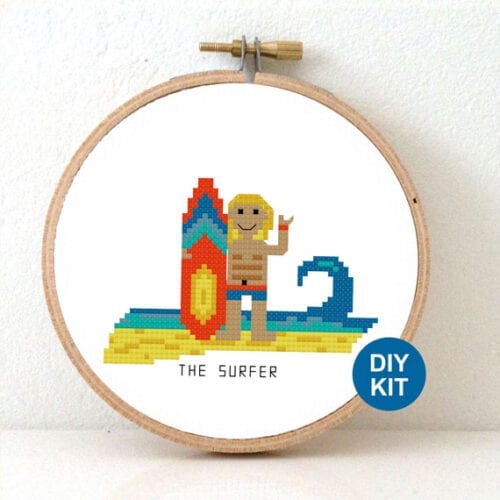 male surfer cross stitch pattern beach themed cross stitch kit